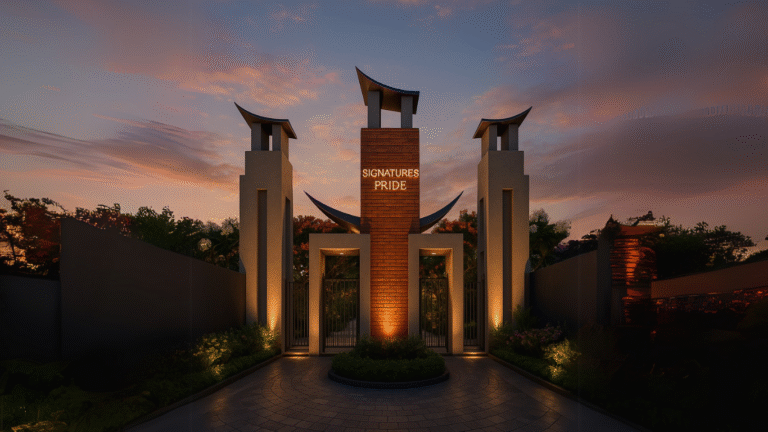 alt="Entrance gate of Signature Pride township in Indore"